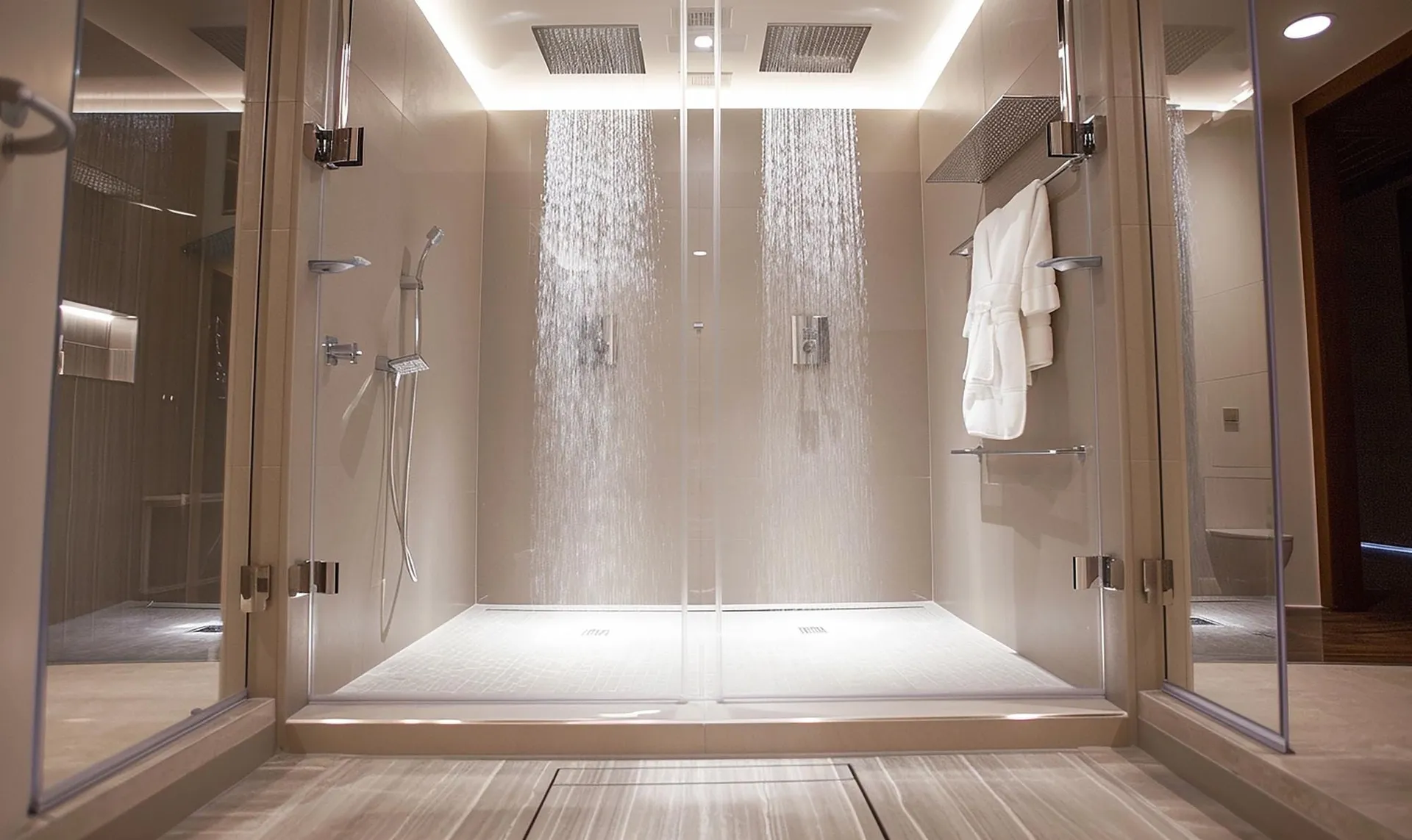 Douche à l’italienne vitrée avec parois en verre, pommeau mural et serviettes blanches suspendues