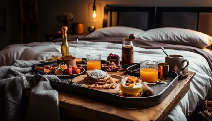 Petit-déjeuner servi sur un plateau au pied d'un lit dans une chambre chaleureuse