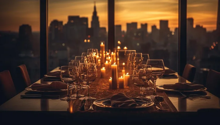 Table dressée et éclairée de bougies devant de grandes fenêtres donnant sur une ville au coucher du soleil