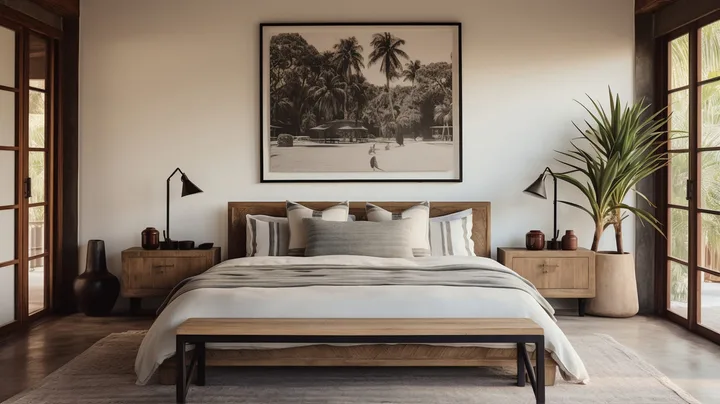 Chambre avec lit double, tables de chevet, plantes et tableau représentant un paysage tropical久久久久久