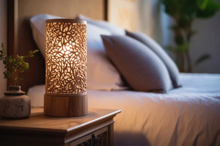 Lampe ajourée allumée sur une table de chevet, devant un lit avec des coussins et une plante en arrière-plan