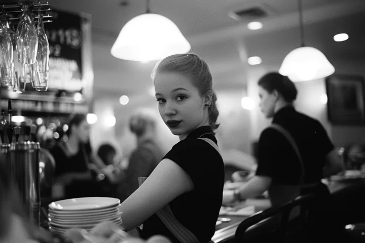 Femme en tenue de service portant des assiettes dans un restaurant, avec le bar et d’autres employés en arrière-plan