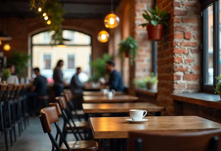 Salle de restauration avec tables en bois, chaises, plantes, suspensions lumineuses et une tasse posée sur une table au premier plan