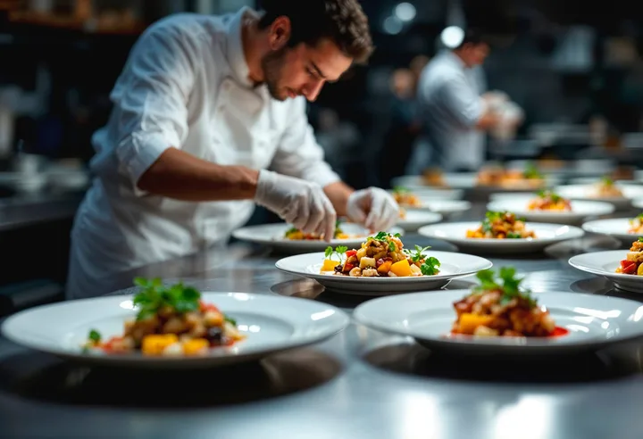 Un cuisinier en blouse blanche dresse des assiettes dans une cuisine professionnelle