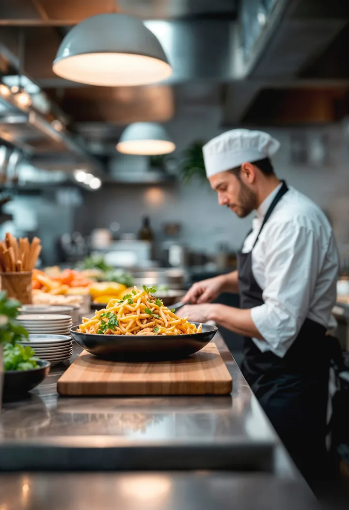 Cuisinier en tenue blanche préparant un plat de pâtes dans une cuisine professionnelle