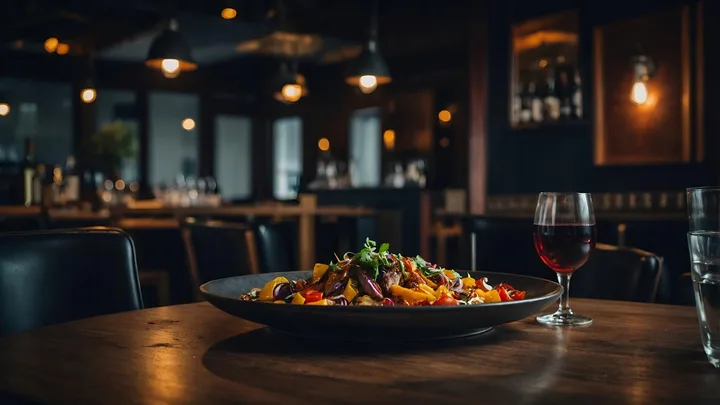 Plat coloré servi sur une table en bois, avec un verre de vin, dans une salle de restaurant chaleureuse
