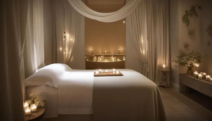 Chambre avec lit double, voilages blancs, bougies allumées et plateau posé sur le lit