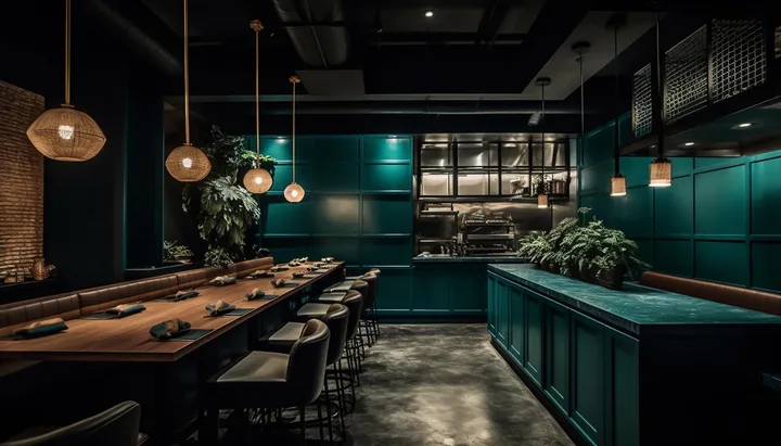 Salle de restauration sombre avec tables en bois, comptoir, cuisine ouverte, suspensions lumineuses et plantes vertes