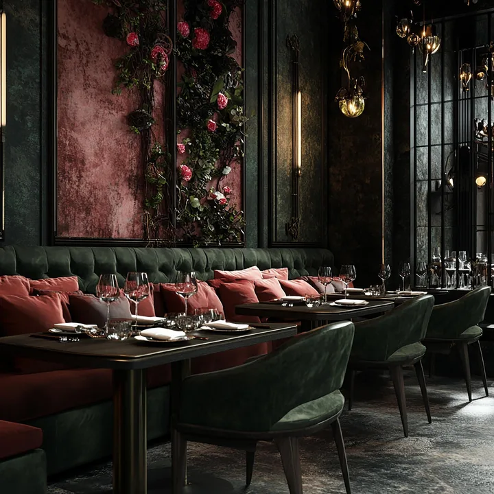 Salle de restaurant élégante avec banquettes et fauteuils verts, tables dressées et mur orné de fleurs roses